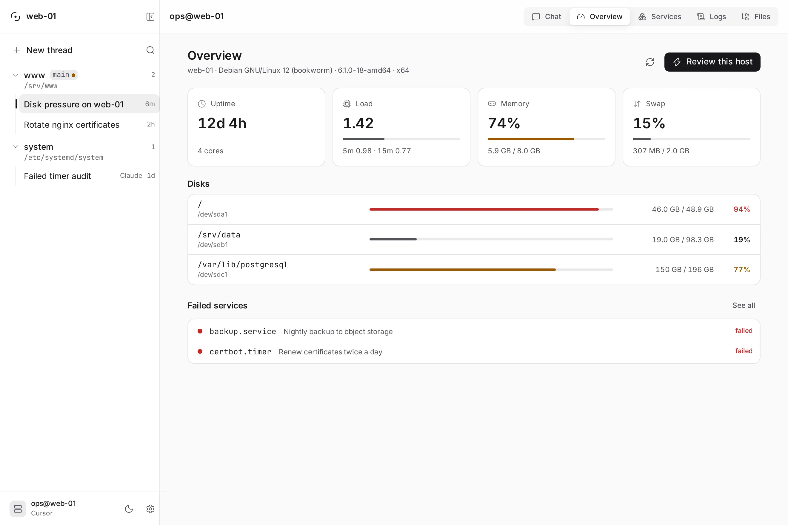 Glassys host overview: uptime, load, memory and swap, every disk with a usage bar, and the failed services