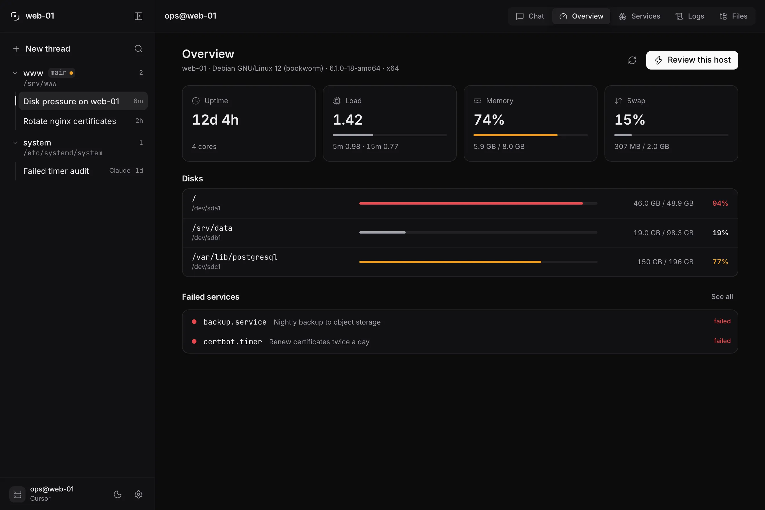 Glassys host overview: uptime, load, memory and swap, every disk with a usage bar, and the failed services